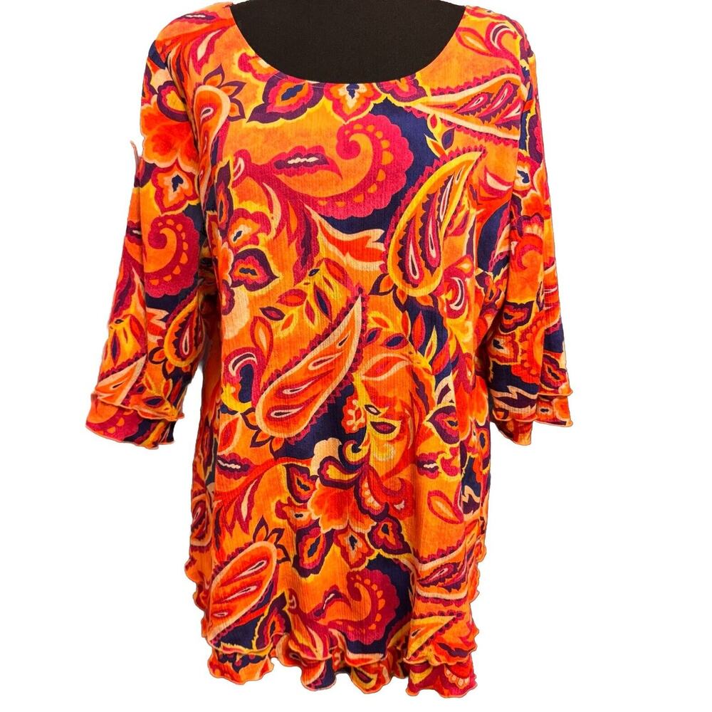 Soft Surroundings Blouse Large Womens Top Colorful Retro Layered 1/2 Sleeve Boho
